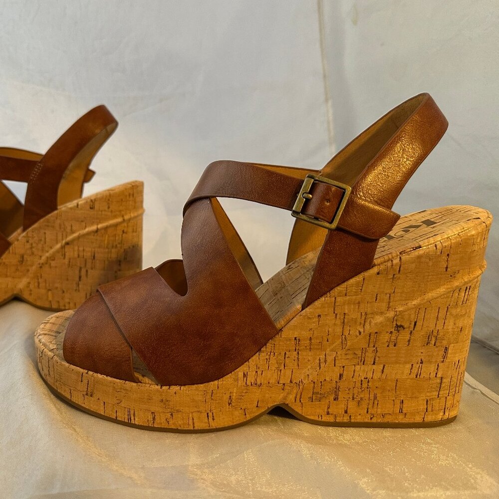 Kork-Ease Tan Leather Cork Platform Wedge Sandals - Picture 3 of 8